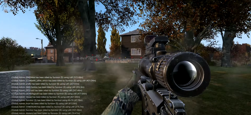 A person playing DayZ game, aiming at enemies with a gun